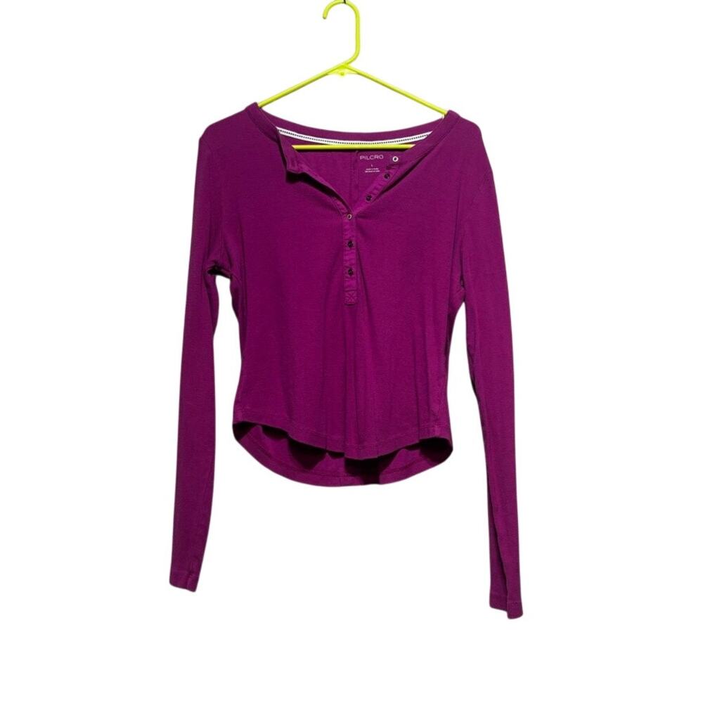 Pilcro Women's Large Fuchsia Purple Long Sleeve Henley Knit Top Stretch Casual